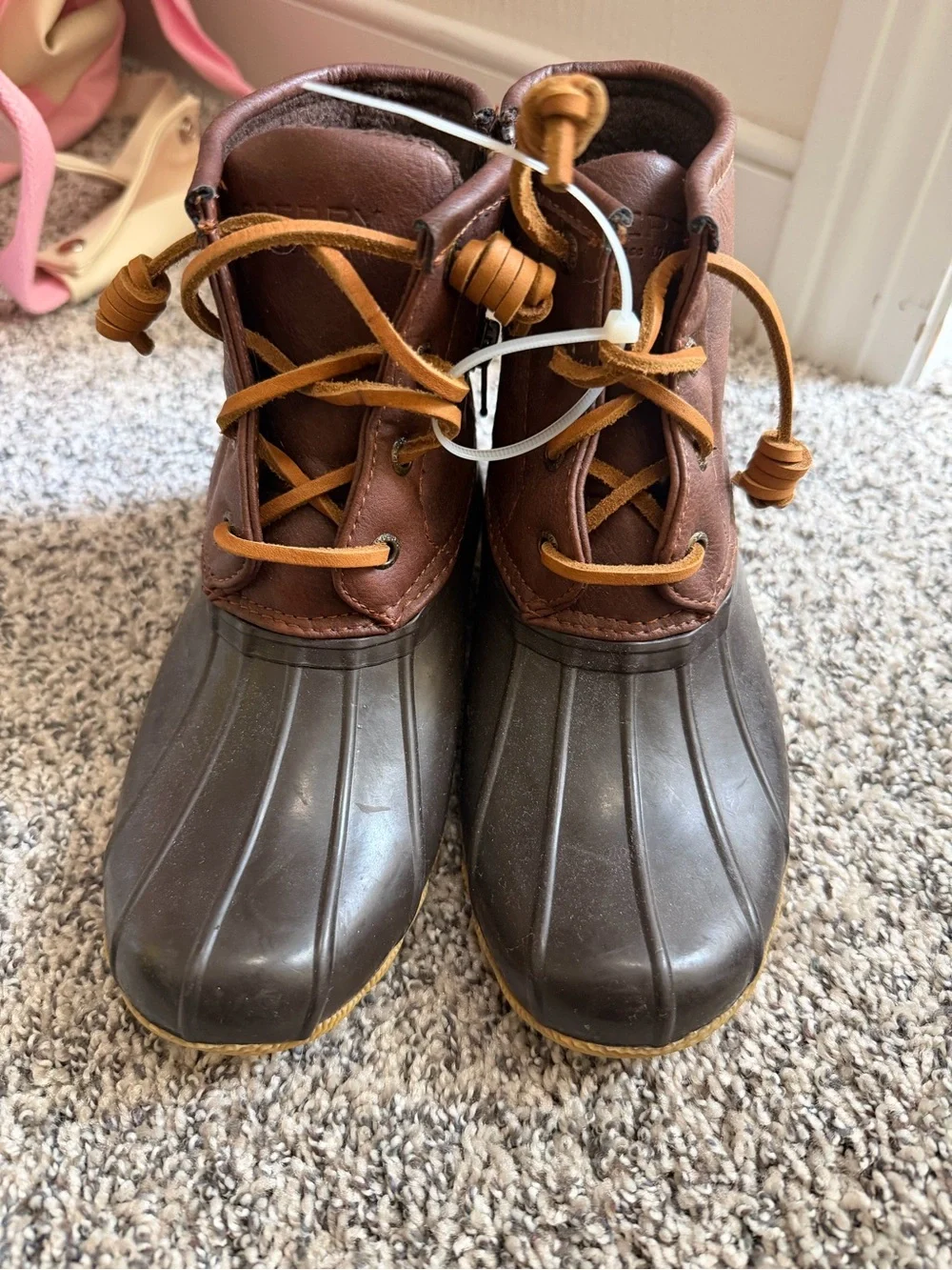 New! Size 1 Girl. Sperry Dark Brown and Tan Waterproof Duck Boots